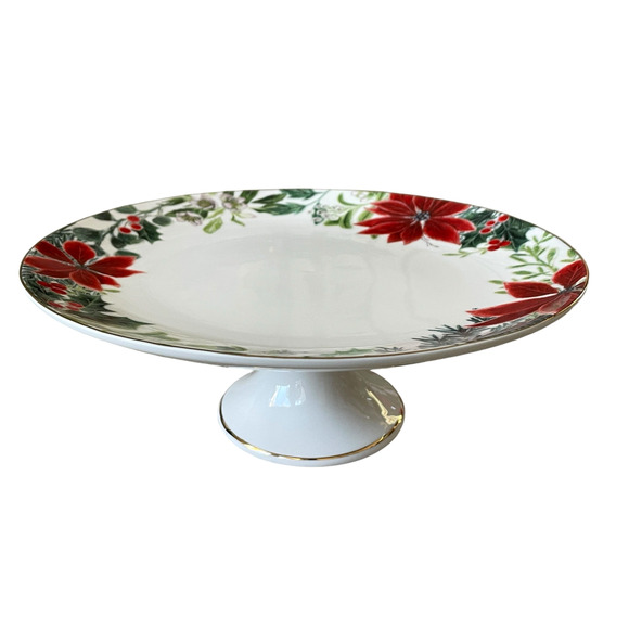 Grace Teaware Christmas Poinsettia Porcelain Cake Stand Holiday Holly New - Picture 4 of 12